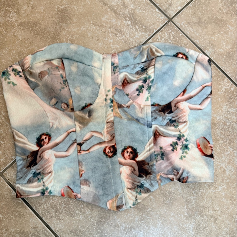 SHEIN Blue Cream Angel Print Bustier Crop Top